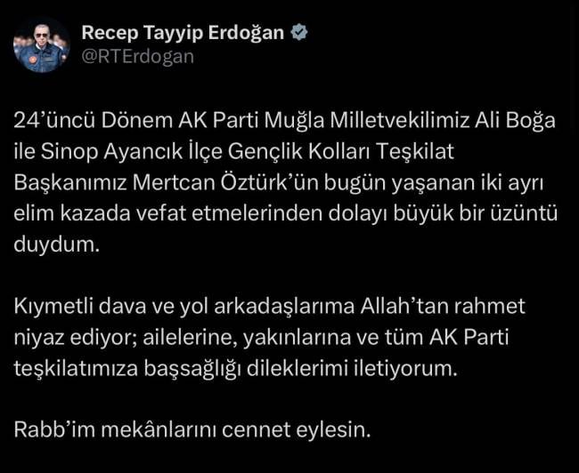 erdogandan vefat eden milletvekili ali boga icin taziye mesaji 0 HaV9NqMc
